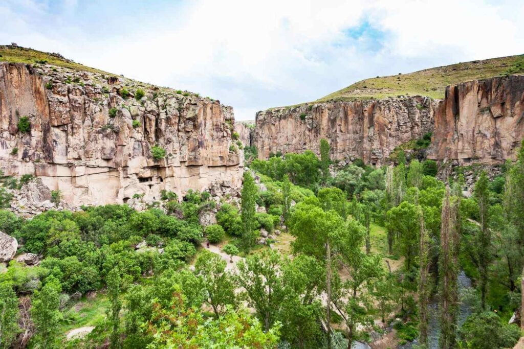 Lush green trees and a winding stream within the steep rock walls of Ihlara Valley in Cappadocia, Turkey.