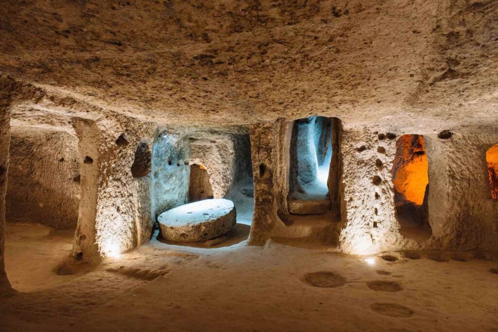 Illuminated tunnels of an ancient underground city in Cappadocia, Turkey, showcasing stone-carved passages and chambers.