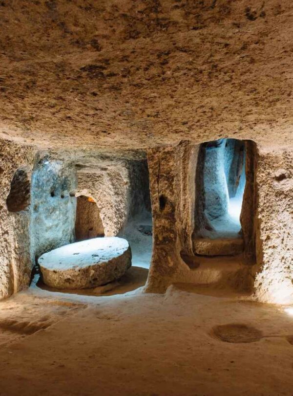 Illuminated tunnels of an ancient underground city in Cappadocia, Turkey, showcasing stone-carved passages and chambers.