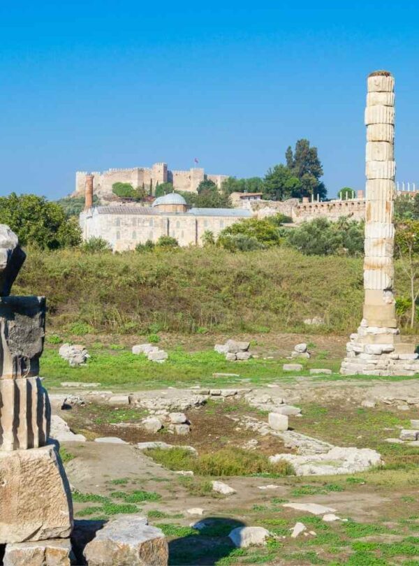 Ruins of the Temple of Artemis in Ephesus, featuring scattered stone columns and ancient architectural remnants.