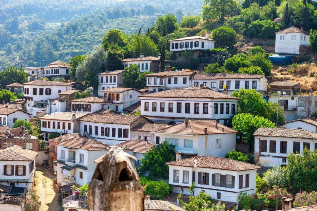 Traditional Ottoman-style houses in Şirince, Turkey, nestled on a hillside surrounded by lush greenery.