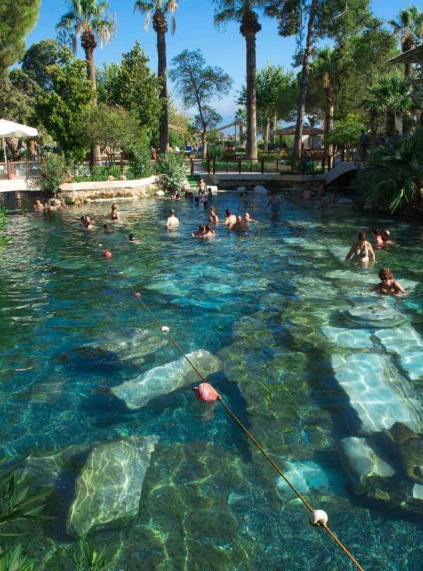 Tourists swimming in the thermal waters of Pamukkale's ancient pool, surrounded by lush greenery and submerged ruins.