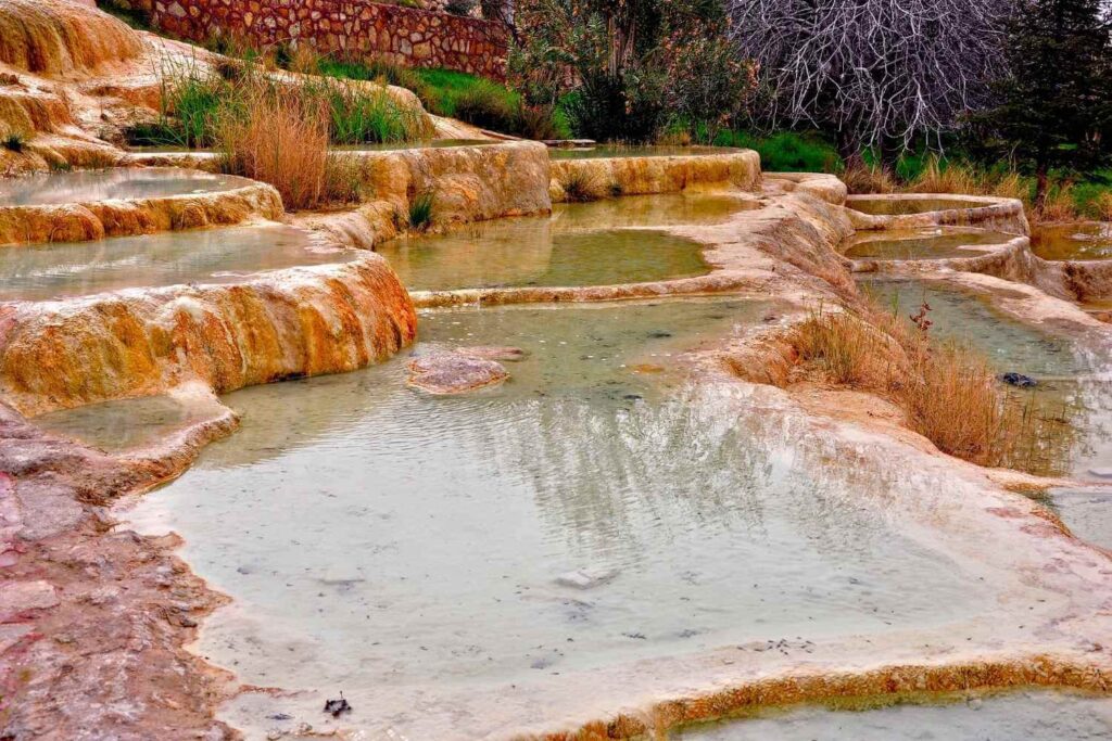 Shallow, mineral-rich terraced pools with earthy tones and sparse vegetation at Pamukkale, Turkey, on an overcast day.