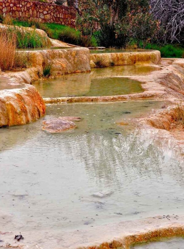 Shallow, mineral-rich terraced pools with earthy tones and sparse vegetation at Pamukkale, Turkey, on an overcast day.